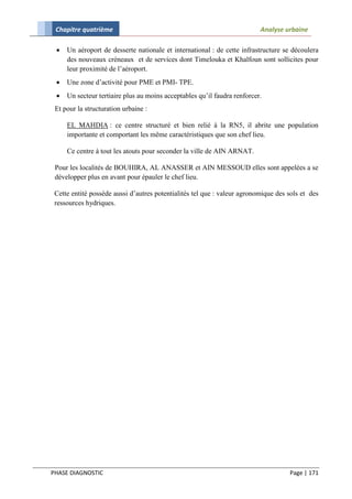 Chapitre quatrième                                                       Analyse urbaine

    Un aéroport de desserte nationale et international : de cette infrastructure se découlera
     des nouveaux créneaux et de services dont Timelouka et Khalfoun sont sollicites pour
     leur proximité de l’aéroport.
    Une zone d’activité pour PME et PMI- TPE.
    Un secteur tertiaire plus au moins acceptables qu’il faudra renforcer.
 Et pour la structuration urbaine :

     EL MAHDIA : ce centre structuré et bien relié à la RN5, il abrite une population
     importante et comportant les même caractéristiques que son chef lieu.

     Ce centre à tout les atouts pour seconder la ville de AIN ARNAT.

 Pour les localités de BOUHIRA, AL ANASSER et AIN MESSOUD elles sont appelées a se
 développer plus en avant pour épauler le chef lieu.

 Cette entité possède aussi d’autres potentialités tel que : valeur agronomique des sols et des
 ressources hydriques.




PHASE DIAGNOSTIC                                                                    Page | 171
 