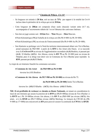Chapitre cinquième                                                         Voirie et réseaux divers



 -------------------------------------------* Chemins de Wilaya -Cw 14* ------------------------------------

    - Sa longueur est estimée à 28 Km, soit un taux de 73% par rapport à la totalité du Cw14
       incluse dans le périmètre de la wilaya qui est de 38 Km,

    - Cette longueur de 28Km est composée d'une seule chaussée variant entre (6-7 m),
       accompagnées d' accotements réduits de 1 m en l'absence des caniveaux latéraux.

    - Son état est jugé comme suit : 18 Km Bon – 7Km Moyen – 3Km Mauvais.
        Point Kilométrique (PK)à l'échelle de la wilaya est (Du Pk 0+000 Au Pk 38+000).
        Point Kilométrique (PK) au niveau de l'intercommunal (Du Pk 0+000 Au Pk 28+000).

    - Son Itinéraire se prolonge vers le Nord du territoire intercommunal allant vers Tizi n'Bechar,
       prend naissance du Pk0+000 à partir de la RN5 à Ain Arnet côte Ouest, et se raccorde
       avec le Cw14-cw139 au niveau de l'agglomération secondaire (A.S) Bouhira, et passant par
       (A.S) El kherba, (ACL) Ain Abessa, croise la RN 75 au Pk 18+000 juste au niveau de
       l'hôpital, puis il se dirige tout droit vers la Commune de Tizi n'Bechar pour rejoindre la
       RN9, passant par (A.S) El Batha.

Le trajet de cet itinéraire franchit les communes suivantes:

        Commune de Ain Arnet            du Pk0+000 au Pk 8+000
              traverse les (AS) Bouhira-

        Commune de Ain Abessa du Pk7+500 au Pk 18+000) au niveau de Rn 75.

                                             du Pk18+000 au Pk 28+000) limite Tizi n'Bechar.

            traverse les (AS) El Kharba – (ACL) Ain Abessa –(AS) El Batha .

NB/: Il est profitable de reclasser ce chemin en Route Nationale, en tenant en considération le
tracé de son itiniraire qui assure la jonction de la RN9 au (Pk38+000)au niveau de Tizi n'bechar- à
la RN75 au ( Pk 18+000)au niveau Ain abessa, à la RN 5 au (Pk0+000 )au niveau (ACL) Ain
arnet, et à la RN28 au (Pk17+000)au niveau (ACL) Mezloug. Le tronçon du CW140 du (PK
9+000 au 17+000) sera renconverti en RN pour pouvoir assurer la continuité du CW14 à la RN28.




     PHASE DIAGNOSTIC                                                                            Page | 237
 