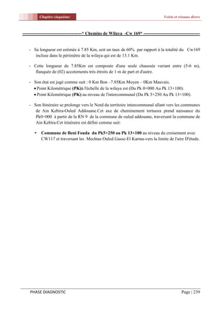 Chapitre cinquième                                                        Voirie et réseaux divers



----------------------------------------* Chemins de Wilaya -Cw 169* --------------------------------------


    - Sa longueur est estimée à 7.85 Km, soit un taux de 60% par rapport à la totalité du Cw169
       incluse dans le périmètre de la wilaya qui est de 13.1 Km.

    - Cette longueur de 7.85Km est composée d'une seule chaussée variant entre (5-6 m),
       flanquée de (02) accotements très étroits de 1 m de part et d'autre.

    - Son état est jugé comme suit : 0 Km Bon –7.85Km Moyen – 0Km Mauvais.
       Point Kilométrique (PK)à l'échelle de la wilaya est (Du Pk 0+000 Au Pk 13+100).
       Point Kilométrique (PK) au niveau de l'intercommunal (Du Pk 5+250 Au Pk 13+100).

    - Son Itinéraire se prolonge vers le Nord du territoire intercommunal allant vers les communes
       de Ain Kebira-Ouled Addouane.Cet axe de cheminement tortueux prend naissance du
       Pk0+000 à partir de la RN 9 de la commune de ouled addouane, traversant la commune de
       Ain Kebira.Cet itinéraire est défini comme suit:

           Commune de Beni Fouda du Pk5+250 au Pk 13+100 au niveau du croisement avec
            CW117 et traversant les Mechtas Ouled Gasse-El Karma-vers la limite de l'aire D'étude.




    PHASE DIAGNOSTIC                                                                            Page | 239
 