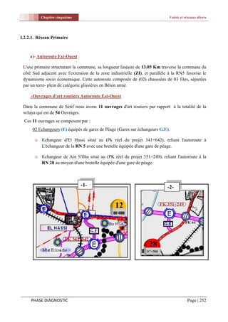 Chapitre cinquième                                                   Voirie et réseaux divers




I.2.2.1. Réseau Primaire



    a)- Autoroute Est-Ouest :

 L'axe primaire structurant la commune, sa longueur linéaire de 13.05 Km traverse la commune du
 côté Sud adjacent avec l'extension de la zone industrielle (ZI), et parallèle à la RN5 favorise le
 dynamisme socio économique. Cette autoroute composée de (02) chaussées de 03 files, séparées
 par un terre- plein de catégorie glissières en Béton armé.

     -Ouvrages d'art routiers Autoroute Est-Ouest

 Dans la commune de Sétif nous avons 11 ouvrages d'art routiers par rapport à la totalité de la
 wilaya qui est de 54 Ouvrages.
  Ces 11 ouvrages se composent par :
      02 Echangeurs (E) équipés de gares de Péage (Gares sur échangeurs G.E).

       o Echangeur d'El Hassi situé au (Pk réel du projet 341+642), reliant l'autoroute à
         L'échangeur de la RN 5 avec une bretelle équipée d'une gare de péage.

       o Echangeur de Ain S'fiha situé au (PK réel du projet 351+249), reliant l'autoroute à la
         RN 28 au moyen d'une bretelle équipée d'une gare de péage.



                                -1-                                           -2-




     PHASE DIAGNOSTIC                                                                     Page | 252
 
