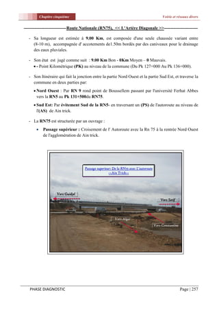 Chapitre cinquième                                                    Voirie et réseaux divers


-----------------------------Route Nationale (RN75), << L'Artère Diagonale >>-----------------------

  - Sa longueur est estimée à 9.00 Km, est composée d'une seule chaussée variant entre
    (8-10 m), accompagnée d' accotements de1.50m bordés par des caniveaux pour le drainage
    des eaux pluviales.

  - Son état est jugé comme suit : 9.00 Km Bon - 0Km Moyen – 0 Mauvais.
     - Point Kilométrique (PK) au niveau de la commune (Du Pk 127+000 Au Pk 136+000).

  - Son Itinéraire qui fait la jonction entre la partie Nord Ouest et la partie Sud Est, et traverse la
    commune en deux parties par:
      Nord Ouest : Par RN 9 rond point de Boussellem passant par l'université Ferhat Abbes
       vers la RN5 au Pk 131+500du RN75.
      Sud Est: Par évitement Sud de la RN5- en traversant un (PS) de l'autoroute au niveau de
       l'(AS) de Ain trick.

  - La RN75 est structurée par un ouvrage :
            Passage supérieur : Croisement de l' Autoroute avec la Rn 75 à la rentrée Nord Ouest
             de l'agglomération de Ain trick.




   PHASE DIAGNOSTIC                                                                         Page | 257
 