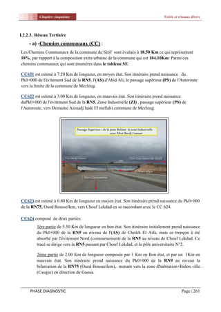 Chapitre cinquième                                                   Voirie et réseaux divers




I.2.2.3. Réseau Tertiaire
     - a) -Chemins communaux (CC) :
Les Chemins Communaux de la commune de Sétif sont évalués à 18.50 Km ce qui représentent
18%, par rapport à la composition extra urbaine de la commune qui est 104.10Km. Parmi ces
chemins communaux qui sont énumères dans le tableau SE:

CC621 est estimé à 7.20 Km de longueur, en moyen état. Son itinéraire prend naissance du
Pk0+000 de l'évitement Sud de la RN5, l'(AS) d'Abid Ali, le passage supérieur (PS) de l'Autoroute
vers la limite de la commune de Mezloug.

CC622 est estimé à 3.00 Km de longueur, en mauvais état. Son itinéraire prend naissance
duPk0+000 de l'évitement Sud de la RN5, Zone Industrielle (ZI) , passage supérieur (PS) de
l'Autoroute, vers Domaine Aiouadj laid( El mellah) commune de Mezloug.




CC623 est estimé à 0.80 Km de longueur en moyen état. Son itinéraire prend naissance du Pk0+000
de la RN75, Oued Boussellem, vers Chouf Lekdad en se raccordant avec le CC 624.

CC624 composé de deux parties:
         1ère partie de 5.50 Km de longueur en bon état. Son itinéraire initialement prend naissance
         du Pk0+000 de la RN9 au niveau de l'(AS) de Cheikh El Aifa, mais ce tronçon à été
         absorbé par l'évitement Nord (contournement) de la RN5 au niveau de Chouf Lekdad. Ce
         tracé se dirige vers la RN5 passant par Chouf Lekdad, et le pôle universitaire N°2.

         2ème partie de 2.00 Km de longueur composée par 1 Km en Bon état, et par un 1Km en
         mauvais état. Son itinéraire prend naissance du Pk0+000 de la RN9 au niveau la
         bifurcation de la RN75 (Oued Boussellem), menant vers la zone d'habitation+Bidon ville
         (Casque) en direction de Gaoua.



     PHASE DIAGNOSTIC                                                                     Page | 261
 