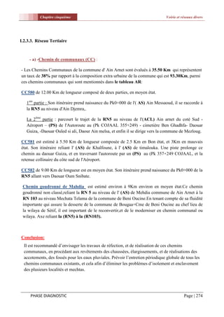 Chapitre cinquième                                                     Voirie et réseaux divers




I.2.3.3. Réseau Tertiaire



     - a) -Chemin de communaux (CC) :

- Les Chemins Communaux de la commune d' Ain Arnet sont évalués à 35.50 Km qui représentent
un taux de 38% par rapport à la composition extra urbaine de la commune qui est 93.30Km, parmi
ces chemins communaux qui sont mentionnés dans le tableau AR:

CC580 de 12.00 Km de longueur composé de deux parties, en moyen état.

   1ere partie : Son itinéraire prend naissance du Pk0+000 de l'( AS) Ain Messaoud, il se raccorde à
   la RN5 au niveau d'Ain Djemra,.

   La 2ème partie : parcourt le trajet de la RN5 au niveau de l'(ACL) Ain arnet du coté Sud -
   Aéroport – (PS) de l'Autoroute au (Pk COJAAL 355+249) - cimetière Ben Ghadhfa- Daouar
   Guiza, -Daouar Ouled si ali, Daour Ain melsa, et enfin il se dirige vers la commune de Mezloug.

CC581 est estimé à 5.50 Km de longueur composée de 2.5 Km en Bon état, et 3Km en mauvais
état. Son itinéraire reliant l' (AS) de Khalfoune, à l' (AS) de timalouka. Une piste prolonge ce
chemin au daouar Guiza, et en traversant l'autoroute par un (PS) au (Pk 357+249 COJAAL, et la
retenue collinaire du côte sud de l'Aéroport.

CC582 de 9.00 Km de longueur est en moyen état. Son itinéraire prend naissance du Pk0+000 de la
RN5 allant vers Daouar Oum Snibate.

 Chemin goudronné de Mahdia est estimé environ à 9Km environ en moyen état.Ce chemin
 goudronné non classé,reliant la RN 5 au niveau de l' (AS) de Mehdia commune de Ain Arnet à la
 RN 103 au niveau Mechata Telama de la commune de Beni Oucine.En tenant compte de sa fluidité
 importante qui assure la desserte de la commune de Bougaa+Cme de Beni Oucine au chef lieu de
 la wilaya de Sétif, il est important de le reconvertir,et de le moderniser en chemin communal ou
 wilaya. Axe reliant la (RN5) à la (RN103).



Conclusion:
  Il est recommandé d’envisager les travaux de réfection, et de réalisation de ces chemins
  communaux, en procédant aux revêtements des chaussées, élargissements, et de réalisations des
  accotements, des fossés pour les eaux pluviales. Prévoir l’entretien périodique globale de tous les
  chemins communaux existants, et cela afin d’éliminer les problèmes d’isolement et enclavement
  des plusieurs localités et mechtas.




     PHASE DIAGNOSTIC                                                                        Page | 274
 