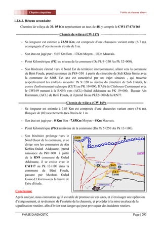 Chapitre cinquième                                                           Voirie et réseaux divers


I.2.6.2. Réseau secondaire
    Chemins de wilaya de 30. 05 Km représentant un taux de 48, y compris le CW117-CW169

 --------------------------------------- Chemin de wilaya (CW 117) : -----------------------------------------

     - Sa longueur est estimée à 22.50 Km, est composée d'une chaussées variant entre (6-7 m),
       acompagnée d' accotements étroits de 1 m.

     - Son état est jugé par : 5,65 Km Bon –17Km Moyen – 0Km Mauvais.

     - Point Kilométrique (PK) au niveau de la commune (Du Pk 9+350 Au Pk 32+000).

     - Son Itinéraire s'étend vers le Nord Est du territoire intercommunal, allant vers la commune
       de Béni Fouda, prend naissance du Pk9+350 à partir du cimetière de Sidi Khier limite avec
       la commune de Sétif. Cet axe est caractérisé par un trajet sinueux , qui traverse
       respectivement les endroits suivants: Pk 9+350 au niveau du cimetière de Sidi Haîder, le
       centre d'enfouisement technique (CET) au PK 10+000, l'(AS) de Chirhoum Croisement avec
       le CW169 menant à la RN9B vers (ACL) Ouled Addouane au PK 19+000, Daouar Ain
       Hammam, (ACL) de Béni Fouda, et il prend fin au Pk32+000 de la RN77.

  --------------------------------------------Chemin de wilaya (CW 169) ----------------------------------
     - Sa longueur est estimée à 7.85 Km est composée d'une chaussées variant entre (5-6 m),
       flanquée de (02) accotements très étroits de 1 m.

     - Son état est jugé par : 0 Km Bon –7.85Km Moyen – 0Km Mauvais.

     - Point Kilométrique (PK) au niveau de la commune (Du Pk 5+250 Au Pk 13+100).

     - Son Itinéraire prolonge vers le
       Nord Ouest de la commune, et se
       dirige vers les communes de Ain
       Kebira-Ouled Addouane, prend
       naissance du Pk0+000 à partir
       de la RN9 commune de Ouled
       Addouane, il se croise avec le
       CW117 au Pk 13+100 dans la
       commune de Béni Fouda,
       passant par Mechtas Ouled
       Gasse-El Karma-vers la limite de
       l'aire d'étude.

Conclusion:
Après analyse, nous constatons qu’il est utile de promouvoir ces axes, et d’envisager une opération
d’élargissement, et revêtement de l’assiette de la chaussée, et procéder à la mise en place de la
signalisation routière, afin d'éviter tout danger qui peut provoquer des incidents routiers.

     PHASE DIAGNOSTIC                                                                              Page | 293
 