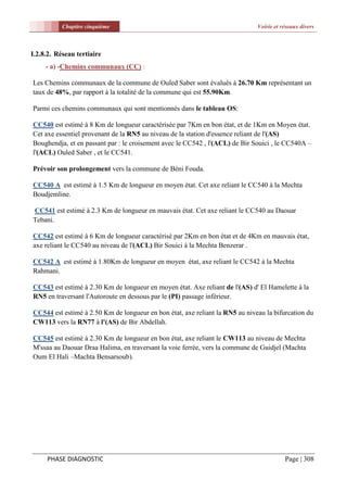 Chapitre cinquième                                                 Voirie et réseaux divers



I.2.8.2. Réseau tertiaire
     - a) -Chemins communaux (CC) :

Les Chemins communaux de la commune de Ouled Saber sont évalués à 26.70 Km représentant un
taux de 48%, par rapport à la totalité de la commune qui est 55.90Km.

Parmi ces chemins communaux qui sont mentionnés dans le tableau OS:

CC540 est estimé à 8 Km de longueur caractérisée par 7Km en bon état, et de 1Km en Moyen état.
Cet axe essentiel provenant de la RN5 au niveau de la station d'essence reliant de l'(AS)
Boughendja, et en passant par : le croisement avec le CC542 , l'(ACL) de Bir Souici , le CC540A –
l'(ACL) Ouled Saber , et le CC541.

Prévoir son prolongement vers la commune de Béni Fouda.

CC540 A est estimé à 1.5 Km de longueur en moyen état. Cet axe reliant le CC540 à la Mechta
Boudjemline.

CC541 est estimé à 2.3 Km de longueur en mauvais état. Cet axe reliant le CC540 au Daouar
Tebani.

CC542 est estimé à 6 Km de longueur caractérisé par 2Km en bon état et de 4Km en mauvais état,
axe reliant le CC540 au niveau de l'(ACL) Bir Souici à la Mechta Benzerar .

CC542 A est estimé à 1.80Km de longueur en moyen état, axe reliant le CC542 à la Mechta
Rahmani.

CC543 est estimé à 2.30 Km de longueur en moyen état. Axe reliant de l'(AS) d' El Hamelette à la
RN5 en traversant l'Autoroute en dessous par le (PI) passage inférieur.

CC544 est estimé à 2.50 Km de longueur en bon état, axe reliant la RN5 au niveau la bifurcation du
CW113 vers la RN77 à l'(AS) de Bir Abdellah.

CC545 est estimé à 2.30 Km de longueur en bon état, axe reliant le CW113 au niveau de Mechta
M'ssaa au Daouar Draa Halima, en traversant la voie ferrée, vers la commune de Guidjel (Machta
Oum El Hali –Machta Bensarsoub).




     PHASE DIAGNOSTIC                                                                    Page | 308
 