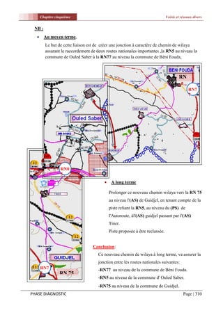 Chapitre cinquième                                                        Voirie et réseaux divers


 NB :
       Au moyen terme,
         Le but de cette liaison est de créer une jonction à caractère de chemin de wilaya
         assurant le raccordement de deux routes nationales importantes ,la RN5 au niveau la
         commune de Ouled Saber à la RN77 au niveau la commune de Béni Fouda,



                                                                                        RN
                                                                                        77
                                                                                               RN7
                                                                                               7




                  RN0
                  5
                                             A long terme

                                             Prolonger ce nouveau chemin wilaya vers la RN 75
                                             au niveau l'(AS) de Guidjel, en tenant compte de la
                                             piste reliant la RN5, au niveau du (PS) de
                                             l'Autoroute, àl'(AS) guidjel passant par l'(AS)
                                             Tiner.
                                             Piste proposée à être reclassée.


                                   Conclusion:
                                      Ce nouveau chemin de wilaya à long terme, va assurer la
                                      jonction entre les routes nationales suivantes:
      RN7                             -RN77 au niveau de la commune de Béni Fouda.
      5          RN 75
                                      -RN5 au niveau de la commune d' Ouled Saber.
                                      -RN75 au niveau de la commune de Guidjel.
PHASE DIAGNOSTIC                                                                           Page | 310
 