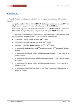 Chapitre cinquième                                                    Voirie et réseaux divers




Conclusion :

A l'issue de l'analyse et le diagnostic précédent, on a pu dégager les conclusions et les résultats
suivants:
   -    La superficie de l'aire d'étude s'élève à 1256.08 Km², ce qui représente un taux de 19% soit
        1/5 par rapport à la superficie totale de la wilaya qui est de 6549.64 Km².
        Par ailleurs la population actuelle des 08 communes est de 445 722 Habitants, représentant
        30% soit 1/3 de la population de la wilaya, laquelle s'élève à 1 482 336 habitants.

   -    Le classement démographique de l'aire d'étude des [(08) communes + (04) daïras] par apport
        à la structure de la wilaya selon le R.G.P.H 2008 sont de l'ordre suivant:
              (Commune + Daïra) De Sétif occupent la 1 ère classe.
             (Commune +Daïra) De Ain Arnet occupent la 5 ème classe.
             (commune + Daïra) De Guidjel occupent la 9 ème +12 ème classe.
             La commune D'Ouricia occupe la 22 ème classe communale+ 5 ème classe de la daïra de
              A.Arnet.
             La commune de Beni Fouda occupe la 23 ème classe communale+ 14 ème classe de la
              daïra de Djemila .
             La commune de Mezloug occupe la 24 ème classe communale+ 5 ème classe de la daïra
              de A.Arnet.
             La commune de Ain Abessa occupe la 26 ème classe communale+ 5 ème classe de la
              daïra de A.Arnet.
             La commune de Ouled Saber occupe la 40 ème classe communale+ 12 ème classe de
              la daïra de Guidjel.




       PHASE DIAGNOSTIC                                                                       Page | 320
 
