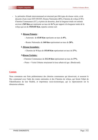 Chapitre cinquième                                                    Voirie et réseaux divers




   -    Le périmètre d'étude intercommunal est structuré par (04) types de réseau voirie, et de
        desserte (Auto route EST-OUEST, Routes Nationales (RN), Chemins de wilaya (CW)-
        Chemins Communaux (CC), et pistes de dessertes, dont la longueur totale est estimée
        environ à 569 Km qui représente un taux de 16 % par rapport à la longueur totale de la
        wilaya qui est de 3545.045 Km, repartie comme suit:


               1 -Réseau Primaire :
                    - Autoroute de 43.85 Km représente un taux de 8%.

                    - Routes Nationales de 160 Km représentant un taux de 28%.

               2- Réseau Secondaire :
                    - Chemins de Wilaya de 153.05 Km représentant un taux de 27%.

               3-Réseau Tertiaire :
                  - Chemins Communaux de 212.10 Km représentant un taux de 37%.
                  - Pistes + Voirie Urbaine structurant le tissu urbain tel que (Boulevard).



Constat:

Nous constatons une forte prédominance des chemins communaux qui desservent, et assurent le
flux communal avec l'aide des routes nationales et des Chemins de wilaya, qui feront l'objet de
l'identification de leur fluidité, et importance socio-économique, qui se répercuteront sur la
dimension urbaine.




       PHASE DIAGNOSTIC                                                                     Page | 322
 