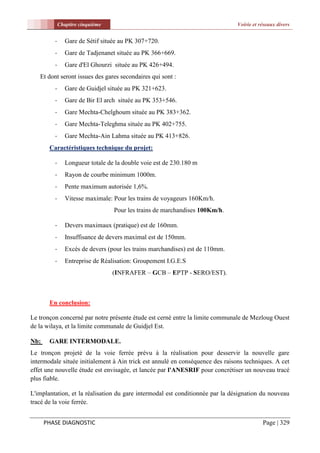 Chapitre cinquième                                                Voirie et réseaux divers


         -      Gare de Sétif située au PK 307+720.
         -      Gare de Tadjenanet située au PK 366+669.
         -      Gare d'El Ghourzi située au PK 426+494.
   Et dont seront issues des gares secondaires qui sont :
         -      Gare de Guidjel située au PK 321+623.
         -      Gare de Bir El arch située au PK 353+546.
         -      Gare Mechta-Chelghoum située au PK 383+362.
         -      Gare Mechta-Teleghma située au PK 402+755.
         -      Gare Mechta-Ain Lahma située au PK 413+826.
       Caractéristiques technique du projet:

         -      Longueur totale de la double voie est de 230.180 m
         -      Rayon de courbe minimum 1000m.
         -      Pente maximum autorisée 1,6%.
         -      Vitesse maximale: Pour les trains de voyageurs 160Km/h.
                                  Pour les trains de marchandises 100Km/h.

         -      Devers maximaux (pratique) est de 160mm.
         -      Insuffisance de devers maximal est de 150mm.
         -      Excès de devers (pour les trains marchandises) est de 110mm.
         -      Entreprise de Réalisation: Groupement I.G.E.S
                                  (INFRAFER – GCB – EPTP - SERO/EST).



       En conclusion:

Le tronçon concerné par notre présente étude est cerné entre la limite communale de Mezloug Ouest
de la wilaya, et la limite communale de Guidjel Est.

Nb:    GARE INTERMODALE.
Le tronçon projeté de la voie ferrée prévu à la réalisation pour desservir la nouvelle gare
intermodale située initialement à Ain trick est annulé en conséquence des raisons techniques. A cet
effet une nouvelle étude est envisagée, et lancée par l'ANESRIF pour concrétiser un nouveau tracé
plus fiable.

L'implantation, et la réalisation du gare intermodal est conditionnée par la désignation du nouveau
tracé de la voie ferrée.


      PHASE DIAGNOSTIC                                                                    Page | 329
 