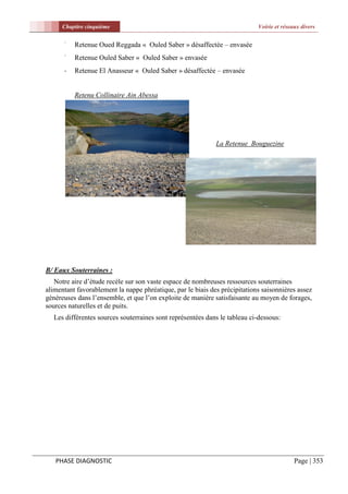 Chapitre cinquième                                                    Voirie et réseaux divers

      -
          Retenue Oued Reggada « Ouled Saber » désaffectée – envasée
      -
          Retenue Ouled Saber « Ouled Saber » envasée
      -   Retenue El Anasseur « Ouled Saber » désaffectée – envasée


          Retenu Collinaire Ain Abessa




                                                             La Retenue Bouguezine




B/ Eaux Souterraines :
   Notre aire d’étude recèle sur son vaste espace de nombreuses ressources souterraines
alimentant favorablement la nappe phréatique, par le biais des précipitations saisonnières assez
généreuses dans l’ensemble, et que l’on exploite de manière satisfaisante au moyen de forages,
sources naturelles et de puits.
  Les différentes sources souterraines sont représentées dans le tableau ci-dessous:




   PHASE DIAGNOSTIC                                                                        Page | 353
 