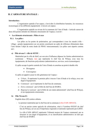 Chapitre premier                                                           Le mulieu physique


II. L’ARMATURE SPATIALE :

Introduction :
          L’organisation spatiale d’un espace, c'est-à-dire la distribution humaine, les ressources
économiques et les différents équipements à travers cet espace.
           L’organisation spatiale au niveau de la commune de l’aire d’étude s’articule autour de
deux (02) points intitulés les éléments structurants de l’espace, à savoir :
     Les éléments structurants : Pôles et axes
    II..1. Les pôles :
               Les pôles ou les points de polarisation, qui correspondent à tous les nœuds (ville –
     village - grands équipements) car ces points constituent un cadre de référence élémentaire dans
     l’aire faisant l’objet de notre étude (le PDAU intercommunal). Les pôles sont répartis comme
     suit :

     a) Pôle niveau I : ville de SETIF :
           Matérialisé par la ville de Sétif, car son aire d’influence dépasse les limites administratives
           (commune – Wilaya), tans que représente le chef lieu de Wilaya, avec tous les
           équipements, de fonctions polyvalentes (administratives, services, socio économiques).

           Ce pôle occupe la partie centrale de l’aire d’étude et constitue un point à double rôle
                         Divergence
                         Convergence
           Ce pôle est appelé à jouer le rôle générateur de l’espace :
              a- Urbain : Il représente le premier pôle à travers l’aire d’étude et la wilaya, avec son
                 degré d’équipement.
              b- Communal : car il représente le chef lieu de commune.
              c- Extra communal : par le billet de chef lieu de DAIRA.
              d- Régional et national : par le billet de son statut administratif (chef lieu de Wilaya),
                 et ses équipements structurants.

     b)    Pôle Niveau II :
           Englobe deux (02) centres urbains.

            - Le premier matérialisé par le chef lieu de la commune (ville d’AIN ARNAT).
                 C’est un ancien centre agricole de colonisation, situé à l’extrême OUEST du chef
                 lieu de Wilaya, sur un axe d’importance régionale et nationale représenté par la RN5.
                 La ville d’AIN ARNAT représente l’élément moteur de l’espace communal, par sa
                 structure et son degré d’équipement, et sa classification administrative en tant que
                 chef lieu de DAIRA.




          PHASE DIAGNOSTIC                                                                      Page | 34
 