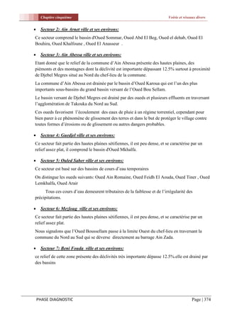 Chapitre cinquième                                                      Voirie et réseaux divers


    Secteur 2: Ain Arnet ville et ses environs:
Ce secteur comprend le bassin d'Oued Sommar, Oued Abd El Beg, Oued el dehab, Oued El
Bouhira, Oued Khalfoune , Oued El Anasseur .

    Secteur 3: Ain Abessa ville et ses environs:
Etant donné que le relief de la commune d’Ain Abessa présente des hautes plaines, des
piémonts et des montagnes dont la déclivité est importante dépassant 12.5% surtout à proximité
de Djebel Megres situé au Nord du chef-lieu de la commune.
La commune d’Ain Abessa est drainée par le bassin d’Oued Karoua qui est l’un des plus
importants sous-bassins du grand bassin versant de l’Oued Bou Sellam.
Le bassin versant de Djebel Megres est drainé par des oueds et plusieurs effluents en traversant
l’agglomération de Takouka du Nord au Sud.
Ces oueds favorisent l’écoulement des eaux de pluie à un régime torrentiel, cependant pour
bien parer à ce phénomène de glissement des terres et dans le but de protéger le village contre
toutes formes d’érosions ou de glissement ou autres dangers probables.

    Secteur 4: Guedjel ville et ses environs:
Ce secteur fait partie des hautes plaines sétifiennes, il est peu dense, et se caractérise par un
relief assez plat, il comprend le bassin d'Oued Mkhalfa.

    Secteur 5: Ouled Saber ville et ses environs:
Ce secteur est basé sur des bassins de cours d’eau temporaires
On distingue les oueds suivants: Oued Ain Romaine, Oued Feidh El Aouda, Oued Tiner , Oued
Lemkhalfa, Oued Arair
      Tous ces cours d’eau demeurent tributaires de la faiblesse et de l’irrégularité des
précipitations.

    Secteur 6: Mezloug ville et ses environs:
Ce secteur fait partie des hautes plaines sétifiennes, il est peu dense, et se caractérise par un
relief assez plat.
Nous signalons que l’Oued Boussellam passe à la limite Ouest du chef-lieu en traversant la
commune du Nord au Sud qui se déverse directement au barrage Ain Zada.

    Secteur 7: Beni Fouda ville et ses environs:
ce relief de cette zone présente des déclivités très importante dépasse 12.5%.elle est drainé par
des bassins




    PHASE DIAGNOSTIC                                                                        Page | 374
 