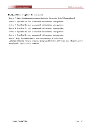 Chapitre cinquième                                                       Voirie et réseaux divers




IV.2.2.3. Milieux récepteurs des eaux usées:
Secteur 1 : Rejet final des eaux traitées par la station d'épuration d'Ain Sfiha dans l'oued
Secteur 2: Rejet final des eaux usées dans le milieu naturel sans épuration
Secteur 3: Rejet final des eaux usées dans le milieu naturel sans épuration
Secteur 4: Rejet final des eaux usées dans le milieu naturel sans épuration
Secteur 5: Rejet final des eaux usées dans le milieu naturel sans épuration
Secteur 6: Rejet final des eaux usées dans le milieu naturel sans épuration
Secteur7: Rejet final des eaux usées au niveau des étangs de stabilisation.
Le traitement naturel prévu au niveau des étangs de stabilisation est très lent mais efficace. L’espace
occupé par les lagunes est très important.




     PHASE DIAGNOSTIC                                                                          Page | 383
 