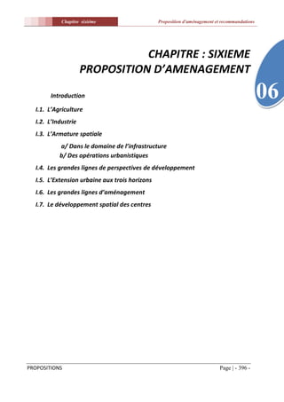 Chapitre sixiéme                    Proposition d'aménagement et recommandations




                                CHAPITRE : SIXIEME
                     PROPOSITION D’AMENAGEMENT

        Introduction                                                                           06
  I.1. L’Agriculture
  I.2. L’Industrie
  I.3. L’Armature spatiale
           a/ Dans le domaine de l’infrastructure
           b/ Des opérations urbanistiques
  I.4. Les grandes lignes de perspectives de développement
  I.5. L’Extension urbaine aux trois horizons
  I.6. Les grandes lignes d’aménagement
  I.7. Le développement spatial des centres




PROPOSITIONS                                                                Page | - 396 -
 