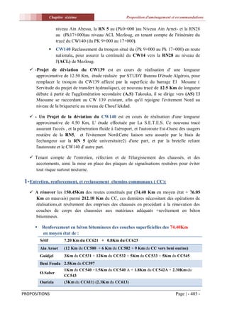 Chapitre sixiéme                        Proposition d'aménagement et recommandations


                      niveau Ain Abessa, la RN 5 au (Pk0+000 )au Niveau Ain Arnet- et la RN28
                      au (Pk17+000)au niveau ACL Mezloug, en tenant compte de l'itinéraire du
                      tracé du CW140 (du PK 9+000 au 17+000).
                     CW140 Reclassement du tronçon situé du (Pk 9+000 au Pk 17+000) en route
                      nationale, pour assurer la continuité du CW14 vers la RN28 au niveau de
                      l'(ACL) de Mezloug.
    -Projet de déviation du CW139 est en cours de réalisation d' une longueur
      approximative de 12.50 Km, étude réalisée par STUDY Bureau D'étude Algérois, pour
      remplacer le tronçon du CW139 affecté par la superficie du barrage El Mouane (
      Servitude du projet de transfert hydraulique), ce nouveau tracé de 12.5 Km de longueur
      débute à partir de l'agglomération secondaire (A.S) Takouka, il se dirige vers (AS) El
      Maouane se raccordant au CW 139 existant, afin qu'il rejoigne l'évitement Nord au
      niveau de la briqueterie au niveau de Chouf lekdad.

    - Un Projet de la déviation du CW140 est en cours de réalisation d'une longueur
      approximative de 4.50 Km, L' étude effectuée par La S.E.T.E.S. Ce nouveau tracé
      assurant l'accés , et la pénetration fluide à l'aéroport, et l'autoroute Est-Ouest des usagers
      routière de la RN5, et l'évitement Nord.Cette liaison sera assurée par le biais de
      l'echangeur sur la RN 5 (pôle universitaire2) d'une part, et par la bretelle reliant
      l'autoroute et le CW140 d' autre part.

    Tenant compte de l'entretien, réfection et de l'élargissement des chaussés, et des
     accotements, ainsi la mise en place des plaques de signalisations routières pour éviter
     tout risque surtout nocturne.

 1- Entretien, renforcement, et reclassement     chemins communaux ( CC):

    A rénover les 150.45Km des routes constitués par (74.40 Km en moyen état + 76.05
     Km en mauvais) parmi 212.10 Km du CC, ces dernières nécessitant des opérations de
     réalisations,et revêtement des emprises des chaussés en procédant à la rénovation des
     couches de corps des chaussées aux matériaux adéquats +revêtement en béton
     bitumineux.

          Renforcement en béton bitumineux des couches superficielles des 74.40Km
           en moyen état de :
          Sétif           7.20 Km du CC621 + 0.8Km du CC623
          Ain Arnet       (12 Km du CC580 + 6 Km du CC582 + 9 Km du CC vers beni oucine)
          Guidjel         3Km du CC531 + 12Km du CC532 + 5Km du CC533 + 5Km du CC545
          Beni Fouda 2.5Km du CC397
                          1Km du CC540 +1.5Km du CC540 A + 1.8Km du CC542A + 2.30Km du
          O.Saber
                          CC543
          Ouricia         (3Km du CC611) (2.3Km du CC613)

PROPOSITIONS                                                                          Page | - 403 -
 