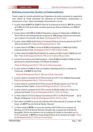 Chapitre sixiéme                          Proposition d'aménagement et recommandations


   Réalisation, et reconversion des pistes en Chemins goudronnés:

   Tenant compte les résultats pécédents que l'importance des pistes constituant la composition
   extra urbaine de l'étude nécessitant des opérations de revalorisation, modernisation, et
   reclassement vu leur impact sociologique intracommunal, à savoir :
    La piste reliant la RN 5 de l'(AS) El Hassi de la commune de sétif à la RN 75 au niveau
     de l'(AS) Ain Trick de la même commune passant par Daouar el Kraiche, et le (PS) de
     l'autoroute.
    la piste reliant le CC 543 de l'(AS) El Hamelette commune d' Ouled saber à l'(ACL) de
      Ras El Ma du côté Nord passant par en dessous le (PI) passage inferieur de l'autoroute,
      qui va desservir la nouvelle ville future. (Prolongement Du CC 543).
    La piste reliant (ACL) de Bir Souici à l'evitement Nord au niveau du giratoire du CW117
     pôle universitaire N°3. Projet de (Prolongement Du CC 542).
   La piste reliant le CC540 au niveau de l'(AS) de Boughendja à l' (AS) Oued SafSaf
    commune de Béni Fouda. (Prolongement Du CC 540) en Moyen terme.
   La Piste reliant de l'(AS) d'Oued Safsaf de la commune de Béni Fouda à l'(ACL) du côté
    Sud Projet de (Prolongement Du CC 540 vers le Nord) en Moyen terme.
   la piste de la commune de Guidjel proposée : reliant l'(AS) de Guidjel à l'(AS) de Tiner
    passant par la mechta de Zeragna, et la Mechta de lâmêche.
      Projet de (Prolongement Du CC 540 vers le Sud) à long terme.
   La piste reliant de l'(AS) de Tiner au complexe olypmique projeté au voisinage de
    l'Autoroute, et la Rn5 du côté Nord.
        Projet de (Prolongement Du CC 540 vers le Sud) à long terme
   La piste reliant la continuité du CC530 au niveau du CW113 vers l'(AS) de Bouaouadja.
    Projet de (Prolongement Du CC 530) vers le Nord.
   La piste reliant la continuité du CC530 au niveau de Mechta Lamzara vers l' Est à la
    commune de Bazer Sakhra. Projet de (Prolongement Du CC 530) vers l'Est.
   La piste reliant la continuité du CC530 au niveau de Mechta Sadjra vers l' Ouest à la
    commune de Guellal. Projet de (Prolongement Du CC 530) vers l'Ouest.
   La Piste reliant le CC610 au Daouar Goussimet au CW117 au Pk10+00 passant            par la
    Mechta Ali Belgoune. Projet de (Prolongement Du CC 610) vers l'Est.
   Piste reliant le Cw117 au niveau de la Mechta d'Ain Hamamam de la commune de Béni
    Fouda à la RN77 du côte Nord de Mechta Boutouil.
   La Pistes reliant la RN28 au niveau du cimetière Sidi El Khier de la commune de
    Mezloug au CC622 de Daouar Domaine Aiouadj Laid, et passant par la Mechta de
    Boureghda. Prévoir son extension vers la commune de Guidjel en raccordant avec le
    CC531 qui dessert la RN75 au niveau Ouled Gribissa de la commune de Guidjel. Projet
    de (Prolongement Du CC 531) vers le Nord Ouest.
PROPOSITIONS                                                                       Page | - 406 -
 