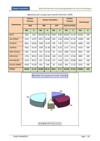 Chapitre deuxième                 Bilan des données socio-démographiques & socio-économiques


                   Répartition des occupées par branche d'activités (2008)
                  Secteur                                                          Secteur
                                            Secteur Secondaire
                  Primaire                                                         Tertiaire
                                                                                                   Total Occupé
  Communes
                       AGR                  IND                     BTP         Autres services

                Nbr           %       Nbr           %      Nbr            %      Nbr         %     Nbr       %

SETIF           1681         2.05   30759 37.44 7294                  8.88      42429 51.64       82163     100

AIN ARNAT       1676     10.97       2874      18.80       440        2.88      10294 67.35       15284     100

GUEDJEL         6041     58.06       1398      13.44       189        1.82      2777     26.69    10405     100

OURICIA         1452     35.24       1293      31.38       258        6.26      1117     27.11    4120      100

BENI FOUDA      1367     44.20       543       17.56           93     3.01      1090     35.24    3093      100

MEZLOUG         1753     38.03       1413      30.66       168        3.65      1275     27.66    4609      100

AIN ABESSA      1472     38.57       651       17.06       171        4.48      1522     39.88    3816      100

OULED SABER     4104     74.20       435          7.86         38     0.69       954     17.25    5531      100

TOTAL          19546     15.15      39399 30.51 8651                  6.71      61458 47.63 129021          100


                             Répartition des occupés par branche d'activités




                                                                          15%



                  47%




                                                                                       31%


                                                          7%




                                       AGR    IND   BTP    Aures services




    PHASE DIAGNOSTIC                                                                                 Page | - 62 -
 