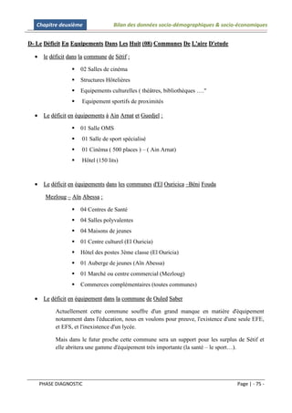 Chapitre deuxième                Bilan des données socio-démographiques & socio-économiques


D- Le Déficit En Equipements Dans Les Huit (08) Communes De L'aire D'etude

   le déficit dans la commune de Sétif :

                     02 Salles de cinéma
                     Structures Hôtelières
                     Equipements culturelles ( théâtres, bibliothèques …."
                     Equipement sportifs de proximités

   Le déficit en équipements à Ain Arnat et Guedjel :

                     01 Salle OMS
                     01 Salle de sport spécialisé
                     01 Cinéma ( 500 places ) – ( Ain Arnat)
                     Hôtel (150 lits)



      Le déficit en équipements dans les communes d'El Ouricica –Béni Fouda

        Mezloug – Aïn Abessa :

                     04 Centres de Santé
                     04 Salles polyvalentes
                     04 Maisons de jeunes
                     01 Centre culturel (El Ouricia)
                     Hôtel des postes 3ème classe (El Ouricia)
                     01 Auberge de jeunes (Aïn Abessa)
                     01 Marché ou centre commercial (Mezloug)
                     Commerces complémentaires (toutes communes)

   Le déficit en équipement dans la commune de Ouled Saber

            Actuellement cette commune souffre d'un grand manque en matière d'équipement
            notamment dans l'éducation, nous en voulons pour preuve, l'existence d'une seule EFE,
            et EFS, et l'inexistence d'un lycée.

            Mais dans le futur proche cette commune sera un support pour les surplus de Sétif et
            elle abritera une gamme d'équipement très importante (la santé – le sport…).




      PHASE DIAGNOSTIC                                                                Page | - 75 -
 