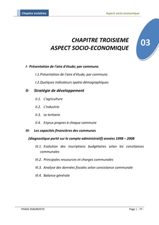 Chapitre troisième                                     Aspect socio economique




                            CHAPITRE TROISIEME
                     ASPECT SOCIO-ECONOMIQUE
                                                                                 03

  I- Présentation de l'aire d'étude; par commune.

         I.1.Présentation de l'aire d'étude; par commune.

         I.2.Quelques indicateurs spatio-démographiques

  II-    Stratégie de développement
         II.1. L’agriculture

         II.2. L'industrie

         II.3. Le tertiaire

         II.4. Enjeux propres à chaque commune

  III-   Les capacités financières des communes

    (diagnostique porté sur le compte administratif) années 1998 – 2008

         III.1. Evolution des inscriptions budgétaires selon les consitances
              communales

         III.2. Principales ressources et charges communales

         III.3. Analyse des données fiscales selon consistance communale

         III.4. Balance générale




PHASE DIAGNOSTIC                                                      Page | - 77 -
 