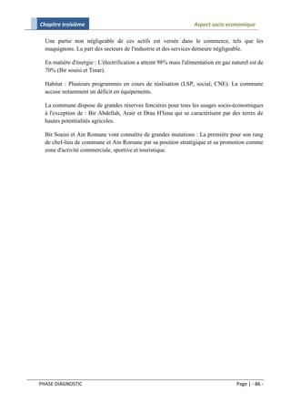 Chapitre troisième                                                 Aspect socio economique

  Une partie non négligeable de ces actifs est versée dans le commerce, tels que les
  maquignons. La part des secteurs de l'industrie et des services demeure négligeable.

  En matière d'énergie : L'électrification a atteint 98% mais l'alimentation en gaz naturel est de
  70% (Bir souisi et Tinar).

  Habitat : Plusieurs programmes en cours de réalisation (LSP, social, CNE). La commune
  accuse notamment un déficit en équipements.

  La commune dispose de grandes réserves foncières pour tous les usages socio-économiques
  à l'exception de : Bir Abdellah, Arair et Draa H'lima qui se caractérisent par des terres de
  hautes potentialités agricoles.

  Bir Souisi et Ain Romane vont connaître de grandes mutations : La première pour son rang
  de chef-lieu de commune et Ain Romane par sa position stratégique et sa promotion comme
  zone d'activité commerciale, sportive et touristique.




PHASE DIAGNOSTIC                                                                      Page | - 86 -
 