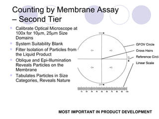 Counting by Membrane Assay  – Second Tier Calibrate Optical Microscope at 100x for 10  m, 25  m Size Domains System Suitability Blank Filter Isolation of Particles from the Liquid Product Oblique and Epi-Illumination Reveals Particles on the Membrane Tabulates Particles in Size Categories, Reveals Nature MOST IMPORTANT IN PRODUCT DEVELOPMENT 