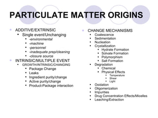 PARTICULATE MATTER ORIGINS ADDITIVE/EXTRINSIC Single event/Unchanging -environmental -machine -personnel -inadequate prep/cleaning   -closure source INTRINSIC/MULTIPLE EVENT GROWTH/INTRINSIC/CHANGING Package Change Leaks Ingredient purity/change Active purity/change Product-Package interaction CHANGE MECHANISMS Coalescence Sedimentation Nucleation Crystallization   Hydrate Formation Solvate Formation Polymorphism Salt Formation Degradation Chemical Physical Effects Temperature Shear Light Oxidation Oligomerization Impurities Drug Concentration Effects/Micelles Leaching/Extraction 