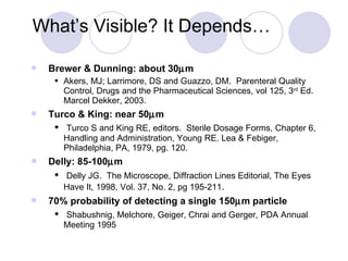 What’s Visible? It Depends… Brewer & Dunning: about 30  m Akers, MJ; Larrimore, DS and Guazzo, DM.  Parenteral Quality Control, Drugs and the Pharmaceutical Sciences, vol 125, 3 rd  Ed. Marcel Dekker, 2003. Turco & King: near 50  m Turco S and King RE, editors.  Sterile Dosage Forms, Chapter 6, Handling and Administration, Young RE. Lea & Febiger, Philadelphia, PA, 1979, pg. 120. Delly: 85-100  m Delly JG.  The Microscope, Diffraction Lines Editorial, The Eyes Have It, 1998, Vol. 37, No. 2, pg 195-211 . 70% probability of detecting a single 150  m particle Shabushnig, Melchore, Geiger, Chrai and Gerger, PDA Annual Meeting 1995 