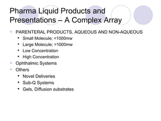 Pharma Liquid Products and Presentations – A Complex Array PARENTERAL PRODUCTS, AQUEOUS AND NON-AQUEOUS Small Molecule; <1000mw Large Molecule; >1000mw Low Concentration High Concentration Ophthalmic Systems Others Novel Deliveries Sub-Q Systems Gels, Diffusion substrates 