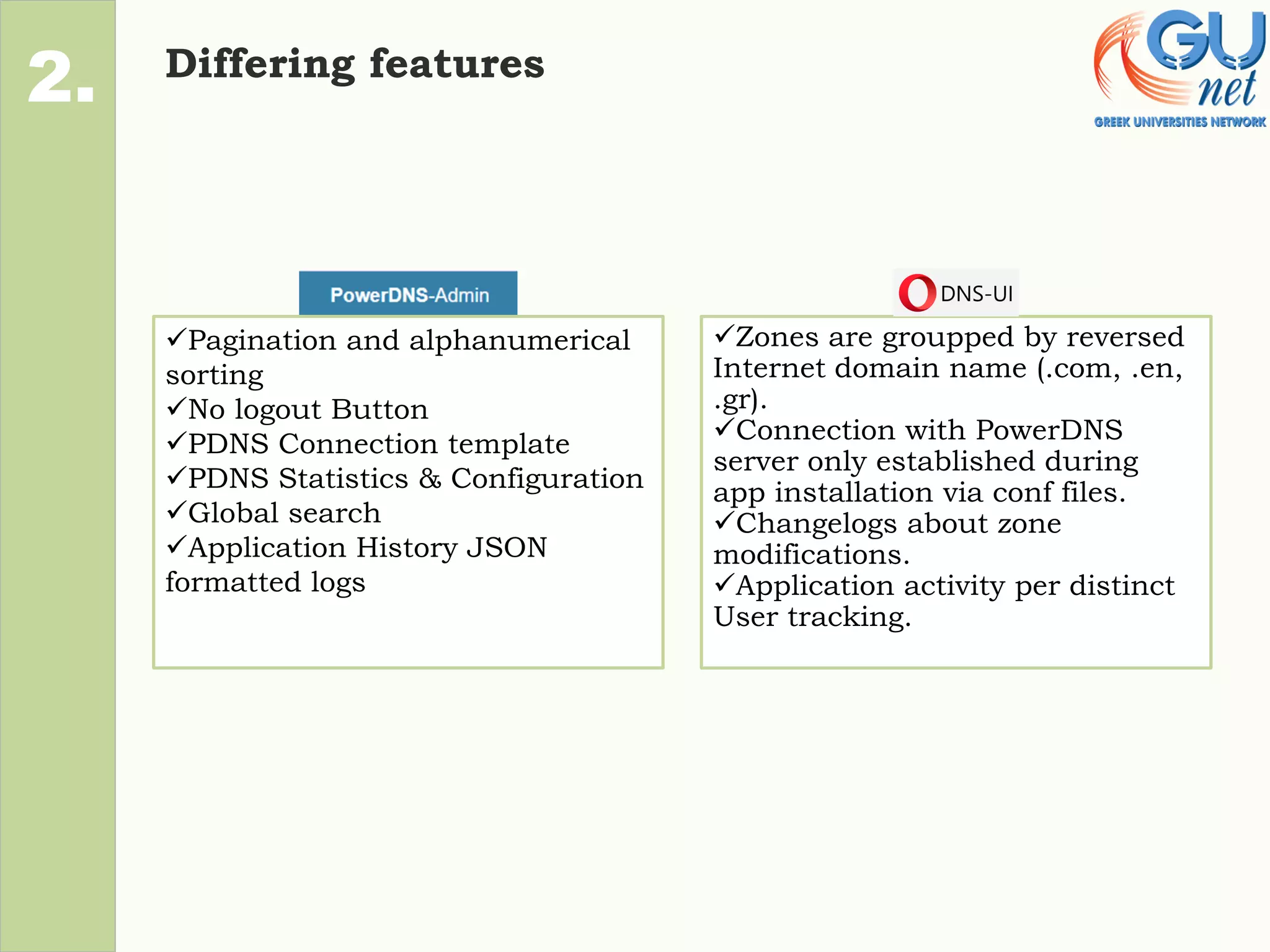 Differing features
2.
✓Zones are groupped by reversed
Internet domain name (.com, .en,
.gr).
✓Connection with PowerDNS
server only established during
app installation via conf files.
✓Changelogs about zone
modifications.
✓Application activity per distinct
User tracking.
✓Pagination and alphanumerical
sorting
✓No logout Button
✓PDNS Connection template
✓PDNS Statistics & Configuration
✓Global search
✓Application History JSON
formatted logs
 