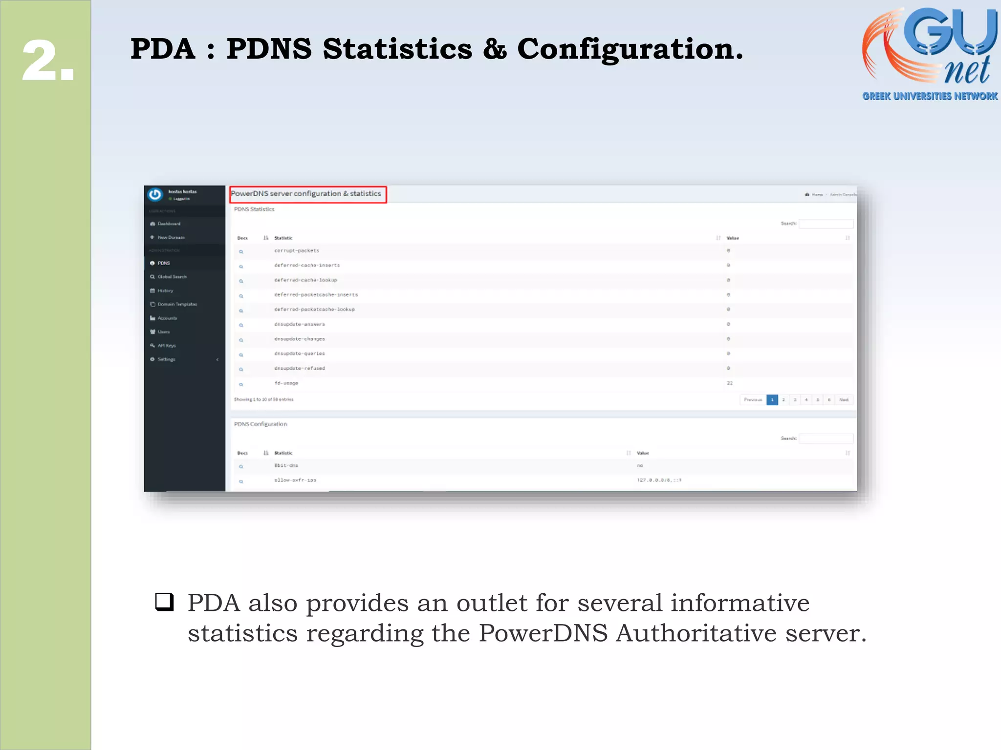 PDA : PDNS Statistics & Configuration.
2.
❑ PDA also provides an outlet for several informative
statistics regarding the PowerDNS Authoritative server.
 