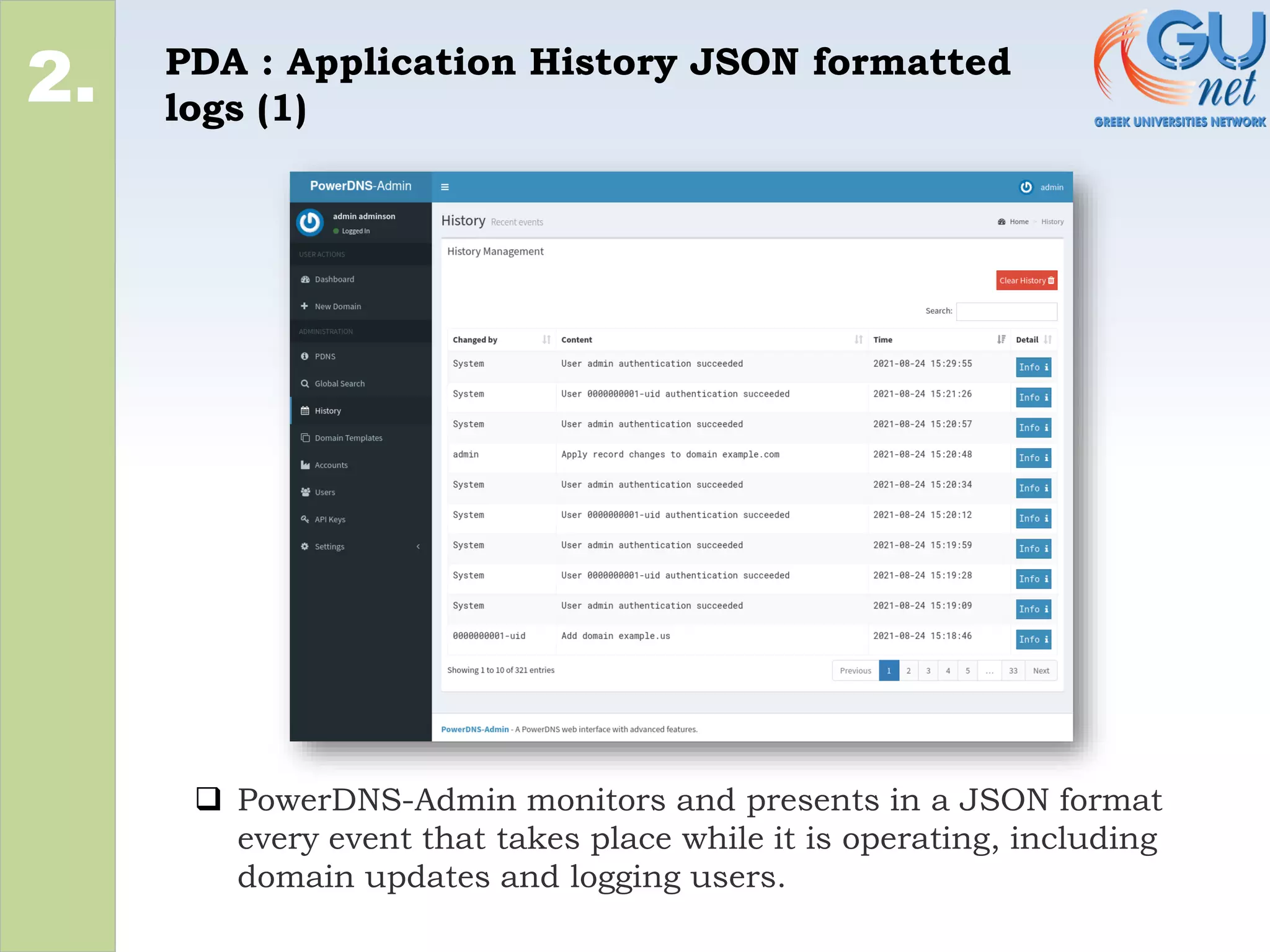 PDA : Application History JSON formatted
logs (1)
2.
❑ PowerDNS-Admin monitors and presents in a JSON format
every event that takes place while it is operating, including
domain updates and logging users.
 