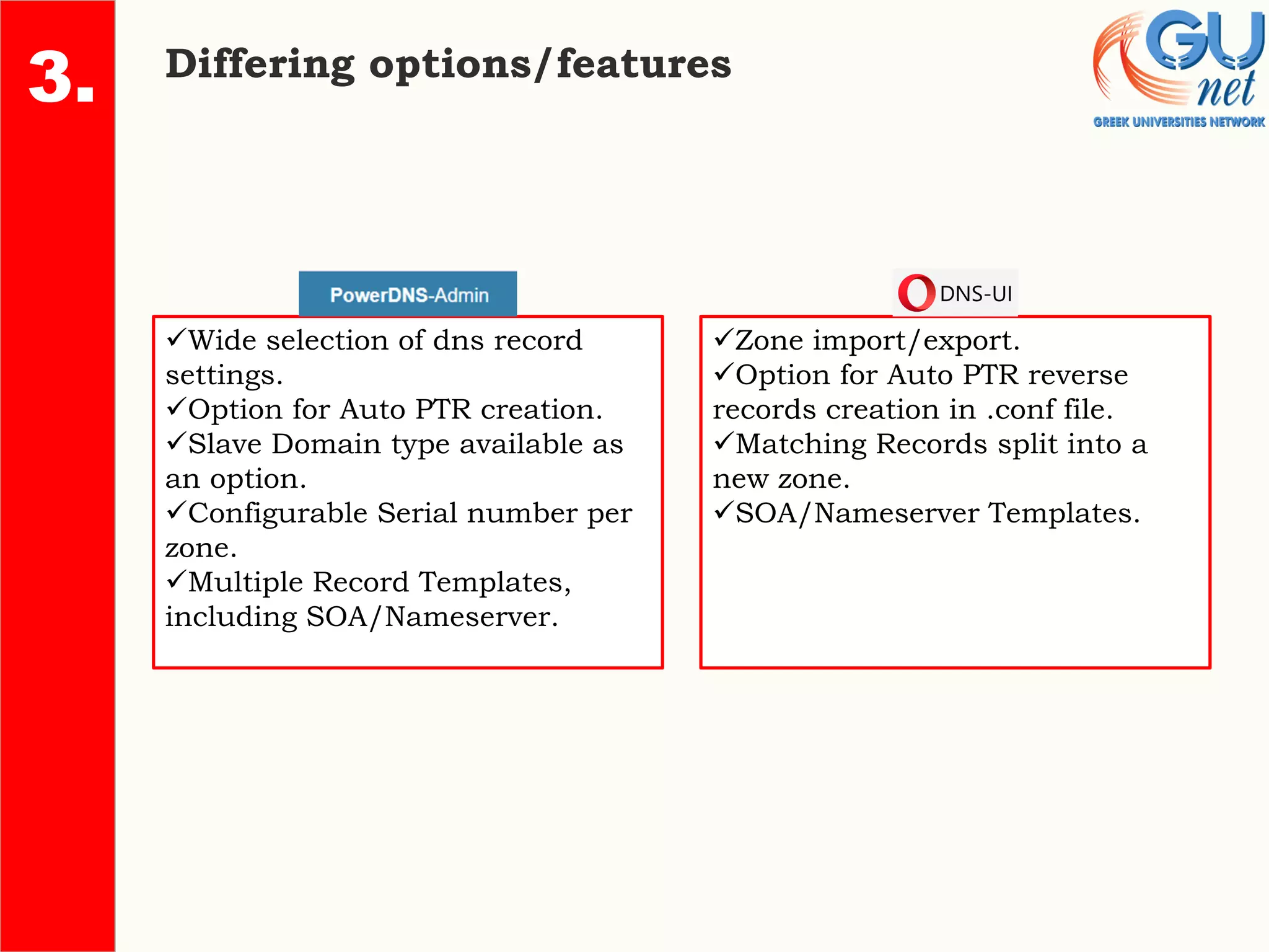 Differing options/features
2.
✓Wide selection of dns record
settings.
✓Option for Auto PTR creation.
✓Slave Domain type available as
an option.
✓Configurable Serial number per
zone.
✓Multiple Record Templates,
including SOA/Nameserver.
✓Zone import/export.
✓Option for Auto PTR reverse
records creation in .conf file.
✓Matching Records split into a
new zone.
✓SOA/Nameserver Templates.
3.
 