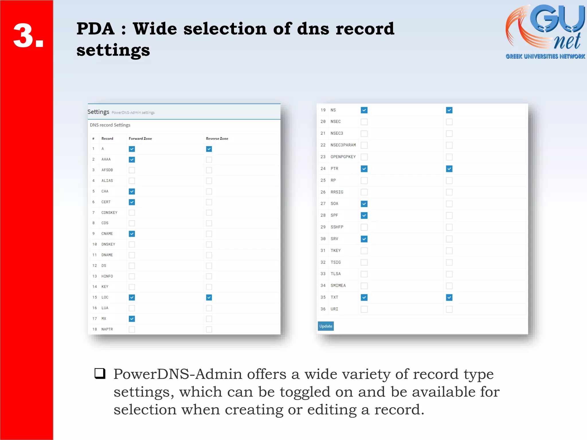 PDA : Wide selection of dns record
settings
2.
4.
3.
❑ PowerDNS-Admin offers a wide variety of record type
settings, which can be toggled on and be available for
selection when creating or editing a record.
 
