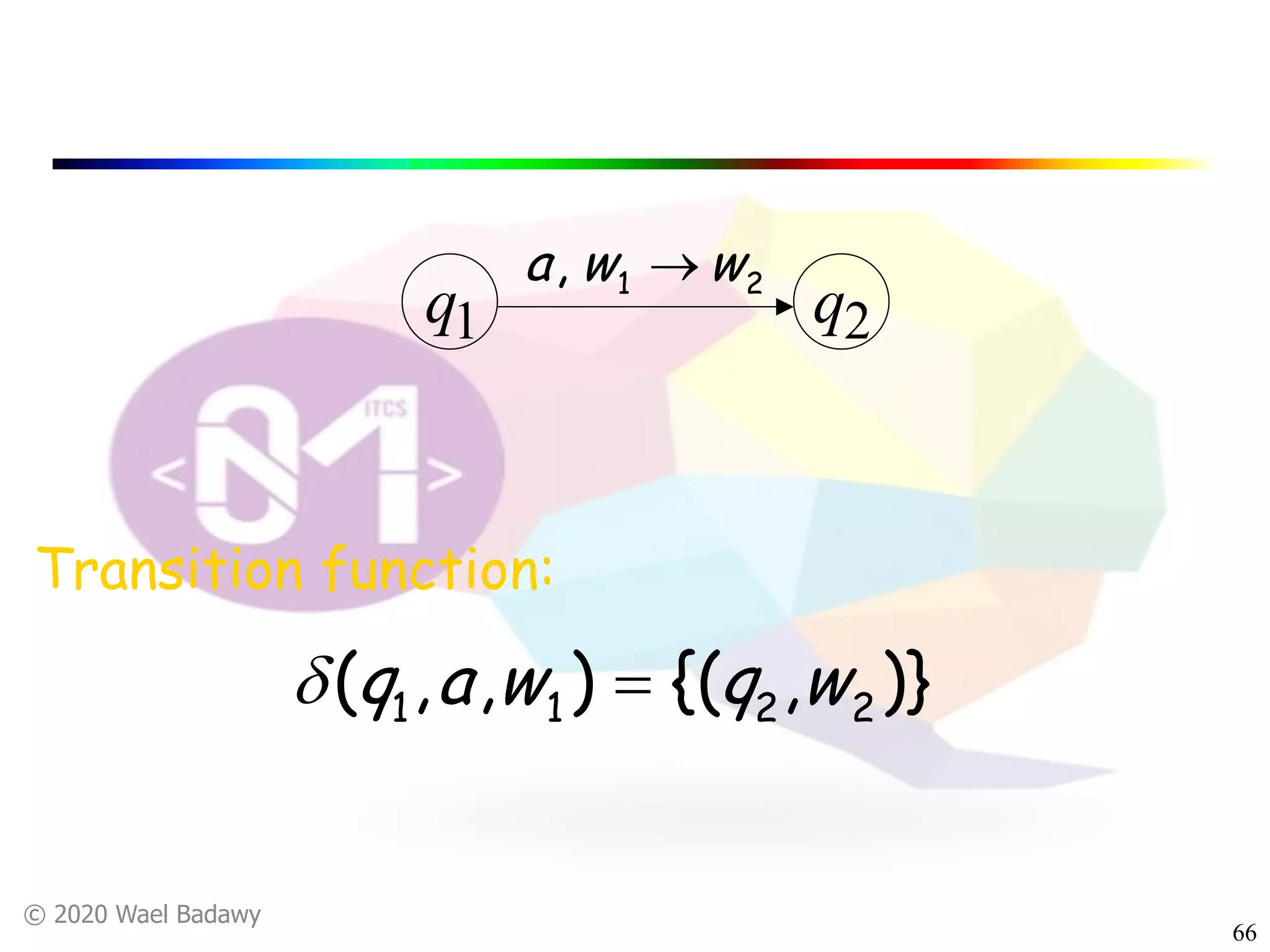 © 2020 Wael Badawy
66
q1 q2
21, wwa ®
)},{(),,( 2211 wqwaq =d
Transition function:
 