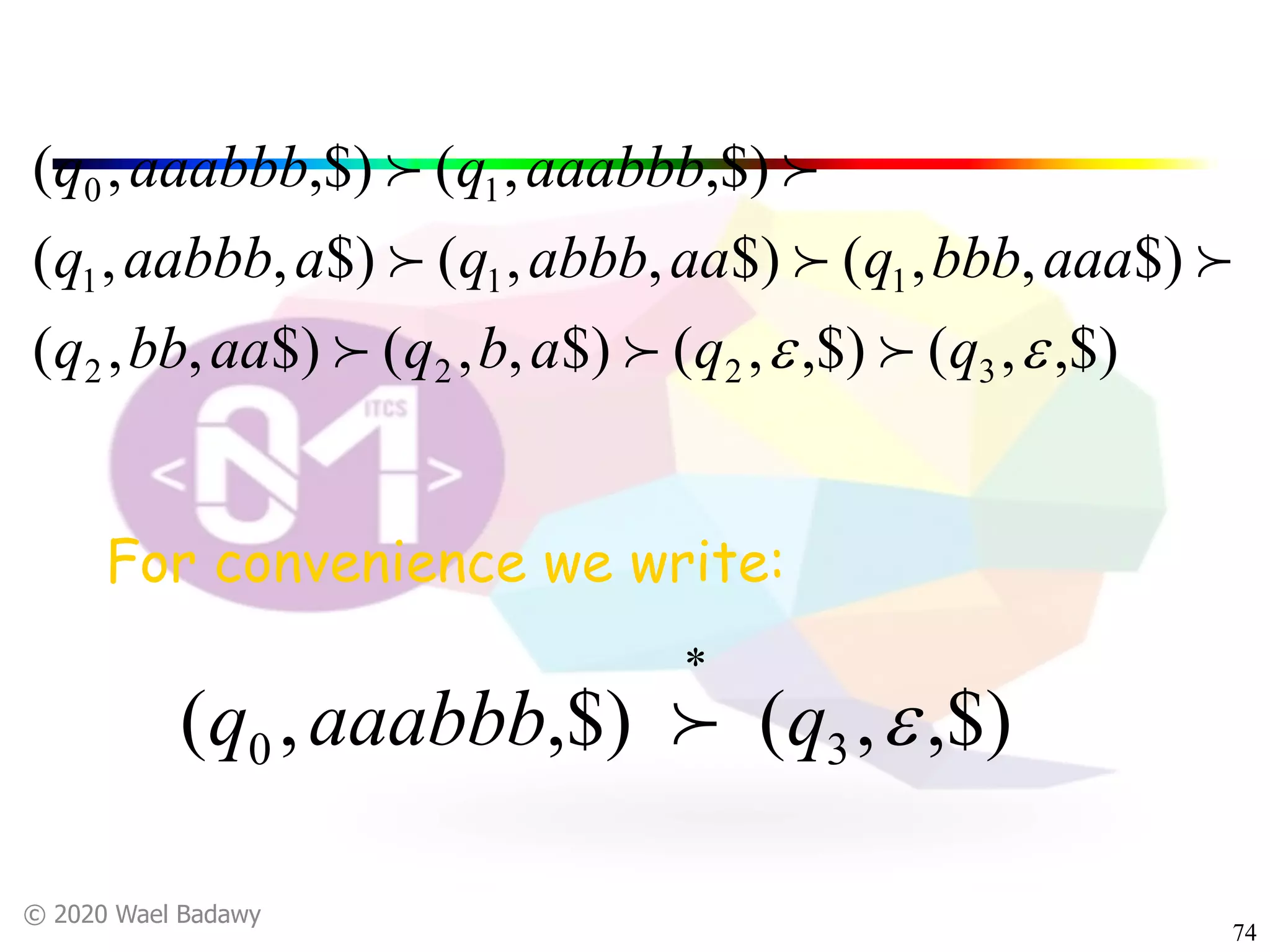 © 2020 Wael Badawy
74
For convenience we write:
,$),(,$),( 30 eqaaabbbq
*
!
,$),(,$),($),,($),,(
$),,($),,($),,(
,$),(,$),(
3222
111
10
ee qqabqaabbq
aaabbbqaaabbbqaaabbbq
aaabbbqaaabbbq
!!!
!!!
!!
 