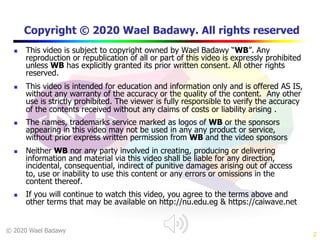 © 2020 Wael Badawy
Copyright © 2020 Wael Badawy. All rights reserved
n This video is subject to copyright owned by Wael Badawy “WB”. Any
reproduction or republication of all or part of this video is expressly prohibited
unless WB has explicitly granted its prior written consent. All other rights
reserved.
n This video is intended for education and information only and is offered AS IS,
without any warranty of the accuracy or the quality of the content. Any other
use is strictly prohibited. The viewer is fully responsible to verify the accuracy
of the contents received without any claims of costs or liability arising .
n The names, trademarks service marked as logos of WB or the sponsors
appearing in this video may not be used in any any product or service,
without prior express written permission from WB and the video sponsors
n Neither WB nor any party involved in creating, producing or delivering
information and material via this video shall be liable for any direction,
incidental, consequential, indirect of punitive damages arising out of access
to, use or inability to use this content or any errors or omissions in the
content thereof.
n If you will continue to watch this video, you agree to the terms above and
other terms that may be available on http://nu.edu.eg & https://caiwave.net
2
 
