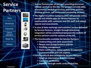 ©TransInsure.
Service
Partners
Workshops
TPA’s
Claims
adjusters
Payments
Road Tax
Others
 Service Partners are all partners providing Insurance
related services to the DIC. The partners provide data,
assessments, workshop services, payments services,
printing services, call centers and processing services.
 The Digital Insurance Company (DIC) will provide online
portals and mobile apps for Service Partners to
communicate with customers and DIC staff and submit
reports and assessments.
 In case of data exchange and customer service delivered
by Service Partners, straight through processing
integration will be established between the systems of
service partners and the systems of the DIC.
 The functionality available for Service Partners:
 Underwriting and claim assessment
 Renew and change/endorse policies
 Portfolio management
 Claim notification, status updates & payments
 Communication with DIC experts
 Functionality & data provided by Service Partners:
 Road tax information & claims history
 Customer verification
 Payment through credit cards/Paypal/etc.
© TransInsure.
 