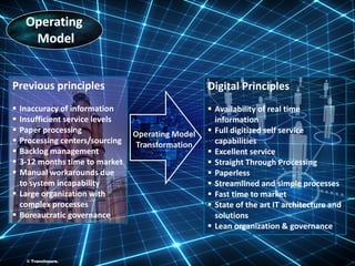 ©TransInsure.
Previous principles
 Inaccuracy of information
 Insufficient service levels
 Paper processing
 Processing centers/sourcing
 Backlog management
 3-12 months time to market
 Manual workarounds due
to system incapability
 Large organization with
complex processes
 Bureaucratic governance
Digital Principles
 Availability of real time
information
 Full digitized self service
capabilities
 Excellent service
 Straight Through Processing
 Paperless
 Streamlined and simple processes
 Fast time to market
 State of the art IT architecture and
solutions
 Lean organization & governance
Operating Model
Transformation
© TransInsure.
 