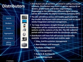 ©TransInsure.
Distributors
Agents
Aggregators
Brokers
Banks
Car dealers
Affinity
Groups
 Distributors are all partners, involved in selling insurance
products. Distributors vary from a 1 person agency to car
dealers, global banks and broker organizations.
Depending on the distributor, different digital services
will be delivered by the Digital Insurance Company (DIC).
 The DIC will deliver online and mobile applications for
the smaller distributors with extra services such as social
media integration and lead management.
 For large distributors straight through processing
integration will be established between the distributor
systems and the systems of the DIC. The DIC customer
portals will be integrated with the distributor portals.
 Distributors will have full self-service functionality
available in online portals and mobiles apps:
 Sales, lead & customer management
 New business and renewals
 Portfolio management
 Case management
 Reports & dashboards
 Team management
© TransInsure.
 