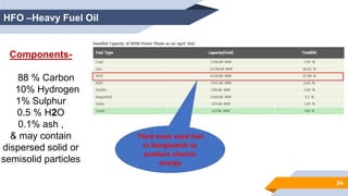 34
HFO –Heavy Fuel Oil
Components-
88 % Carbon
10% Hydrogen
1% Sulphur
0.5 % H2O
0.1% ash ,
& may contain
dispersed solid or
semisolid particles
 