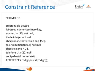 Constraint Reference
•EXEMPLO 1:
create table pessoa (
idPessoa numeric primary key,
nome char(30) not null,
idade integer not null
check (idade between 0 and 150),
salario numeric(10,2) not null
check (salario > 0 ),
telefone char(12) null
codigoPostal numeric(4)
REFERENCES codigopostal(codigo));
 