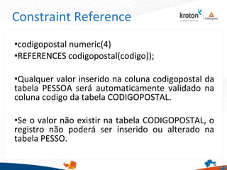 Constraint Reference
•codigopostal numeric(4)
•REFERENCES codigopostal(codigo));
•Qualquer valor inserido na coluna codigopostal da
tabela PESSOA será automaticamente validado na
coluna codigo da tabela CODIGOPOSTAL.
•Se o valor não existir na tabela CODIGOPOSTAL, o
registro não poderá ser inserido ou alterado na
tabela PESSO.
 