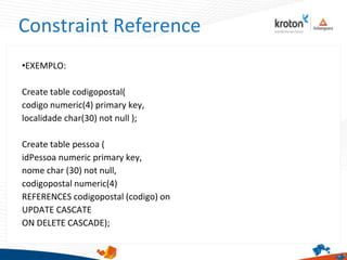 Constraint Reference
•EXEMPLO:
Create table codigopostal(
codigo numeric(4) primary key,
localidade char(30) not null );
Create table pessoa (
idPessoa numeric primary key,
nome char (30) not null,
codigopostal numeric(4)
REFERENCES codigopostal (codigo) on
UPDATE CASCATE
ON DELETE CASCADE);
 