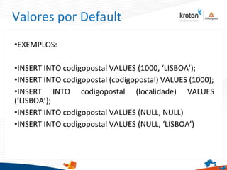 Valores por Default
•EXEMPLOS:
•INSERT INTO codigopostal VALUES (1000, ‘LISBOA’);
•INSERT INTO codigopostal (codigopostal) VALUES (1000);
•INSERT INTO codigopostal (localidade) VALUES
(‘LISBOA’);
•INSERT INTO codigopostal VALUES (NULL, NULL)
•INSERT INTO codigopostal VALUES (NULL, ‘LISBOA’)
 