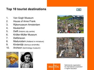 Top 10 tourist destinations

1.    Van Gogh Museum
2.    House of Anne Frank
3.    Rijksmuseum Amsterdam
4.    Keukenhof
5.    Delft (historic city centre)
6.    Kröller-Müller Museum
7.    Delfshaven
8.    Madurodam (Holland in miniature)
9.    Kinderdijk (famous windmills)
10.   Archeon (technology museum)
 