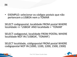 IN
• EXEMPLO: selecionar os códigos postais que não
pertencem a LISBOA nem a TOMAR
SELECT codigopostal, localidade FROM postal WHERE
localidade <> ‘LISBOA’ AND localidade = ‘TOMAR’
SELECT codigpostal, localidade FROM POSTAL WHERE
localidade NOT IN (‘LISBOA’, ‘TOMAR’)
SELECT localidade, códigopostal FROM postal WHERE
codigopostal NOT IN (1000, 1100, 1200, 1500, 2300)
21/09/2018 Prof.ª M.ª Elaine Cecília Gatto 27
 