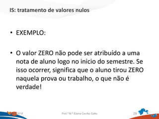 IS: tratamento de valores nulos
• EXEMPLO:
• O valor ZERO não pode ser atribuído a uma
nota de aluno logo no inicio do semestre. Se
isso ocorrer, significa que o aluno tirou ZERO
naquela prova ou trabalho, o que não é
verdade!
21/09/2018 Prof.ª M.ª Elaine Cecília Gatto 29
 