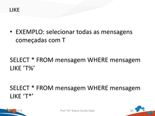LIKE
• EXEMPLO: selecionar todas as mensagens
começadas com T
SELECT * FROM mensagem WHERE mensagem
LIKE ‘T%’
SELECT * FROM mensagem WHERE mensagem
LIKE ‘T*’
21/09/2018 Prof.ª M.ª Elaine Cecília Gatto 38
 