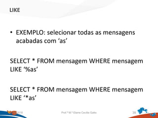 LIKE
• EXEMPLO: selecionar todas as mensagens
acabadas com ‘as’
SELECT * FROM mensagem WHERE mensagem
LIKE ‘%as’
SELECT * FROM mensagem WHERE mensagem
LIKE ‘*as’
21/09/2018 Prof.ª M.ª Elaine Cecília Gatto 39
 