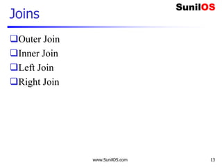 www.SunilOS.com 13
Joins
Outer Join
Inner Join
Left Join
Right Join
 